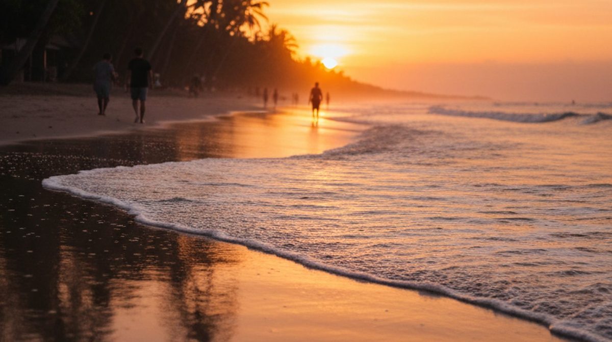 People walking along the shore of a beach at sunset, with palm trees in the background