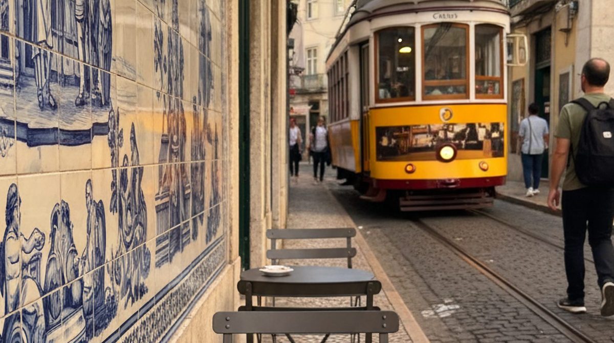 A café table on a cobbled street with a tram passing by